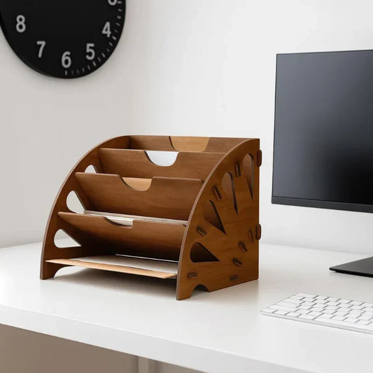 A wooden desktop organizer with three tiers and decorative cutout details, styled on a white desk next to a computer monitor and keyboard.
