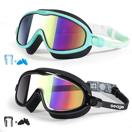 Kids Goggles for Swimming 2 Pack No Leaking Anti-Fog Outer Eye Fit with Wide View UV Protection Crystal Clear Watertight Swim Goggles with Nose Cover, Age 3 to 14