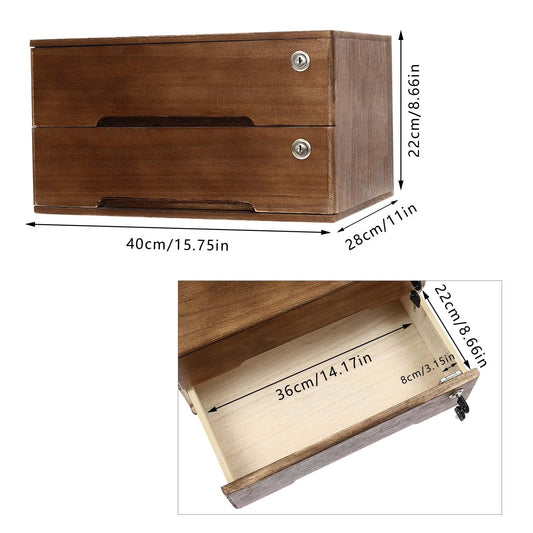 A two-drawer wooden organizer box shown on a white background with dimension callouts for overall size and interior space. The top view shows the closed product with metal drawer knobs, and the bottom inset shows the open drawer interior with measurements.