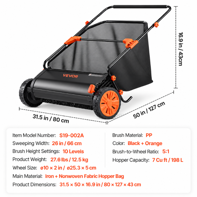 VEVOR 26 Inch Push Lawn Sweeper with 7 Cu Ft Hopper