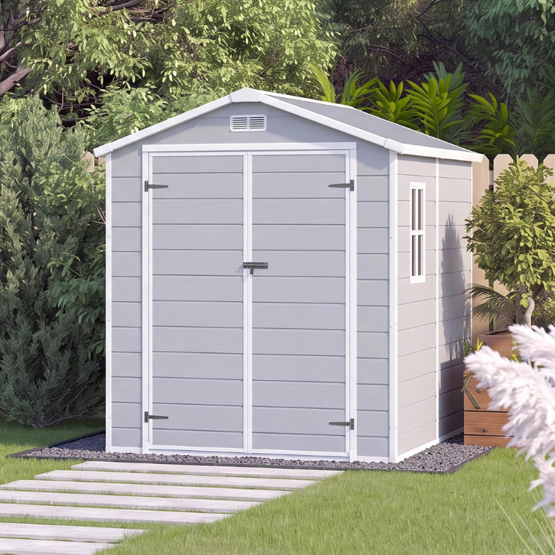 Aoxun 6 x 8 ft Resin Outdoor Storage Shed with Floor, Gray