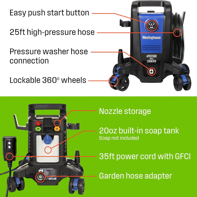 Westinghouse ePX3500 Electric Pressure Washer 2500 PSI 1.76 GPM with 5 Nozzles