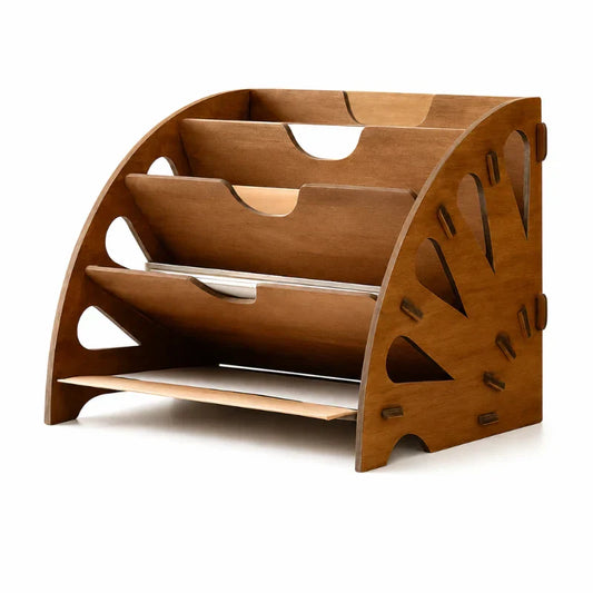 Wooden magazine rack on a white background