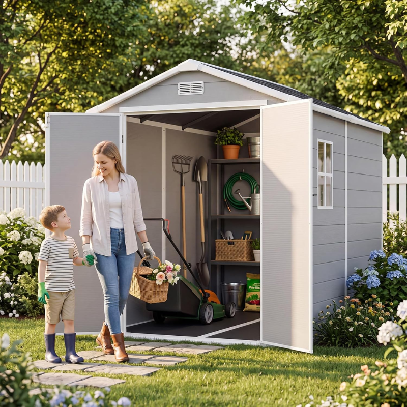 Aoxun 6 x 8 ft Resin Outdoor Storage Shed with Floor, Gray