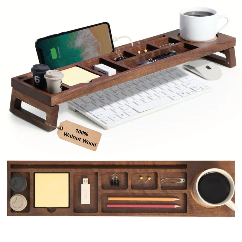Wooden desk organizer with office supplies and a tag indicating 100% walnut wood.