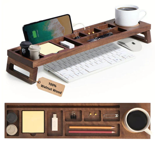 Wooden desk organizer with office supplies and a tag indicating 100% walnut wood.