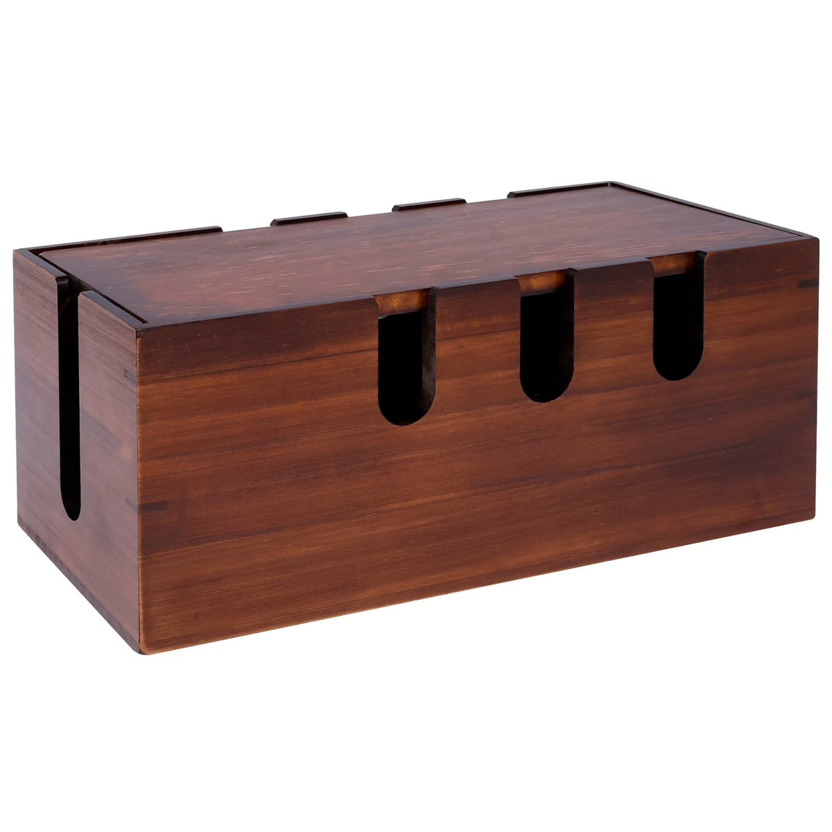A rectangular wooden box with a dark brown wood grain finish, featuring four vertical cutouts on the front and a slotted top, shown on a plain white background.