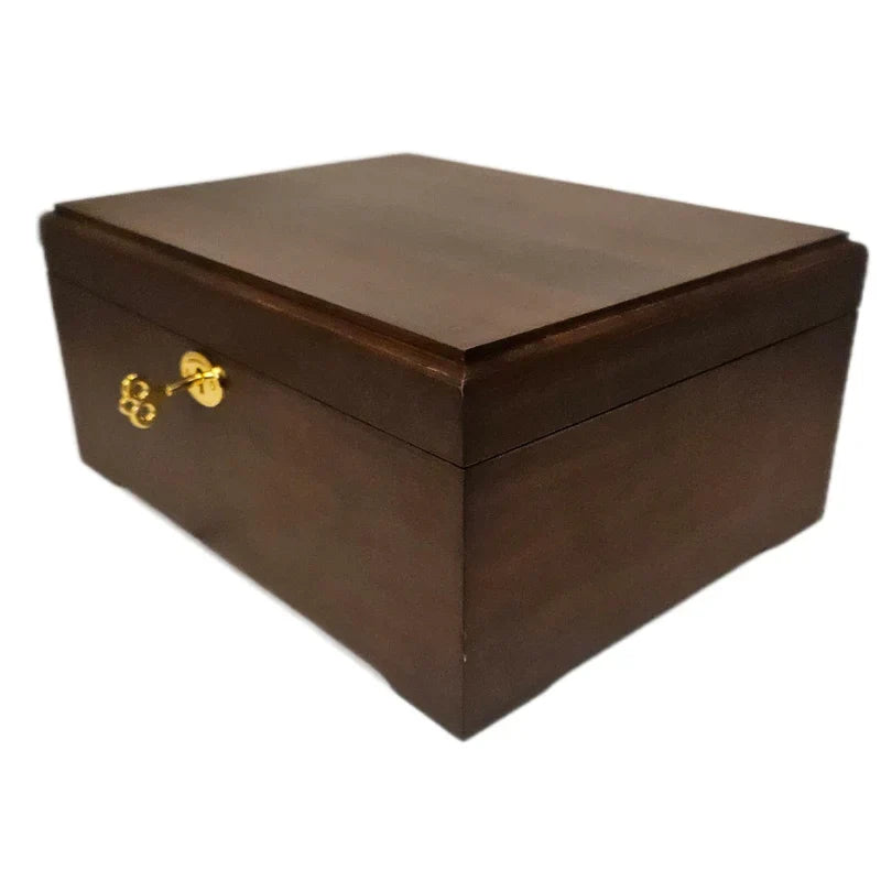 Brown wooden box with gold accents on a white background