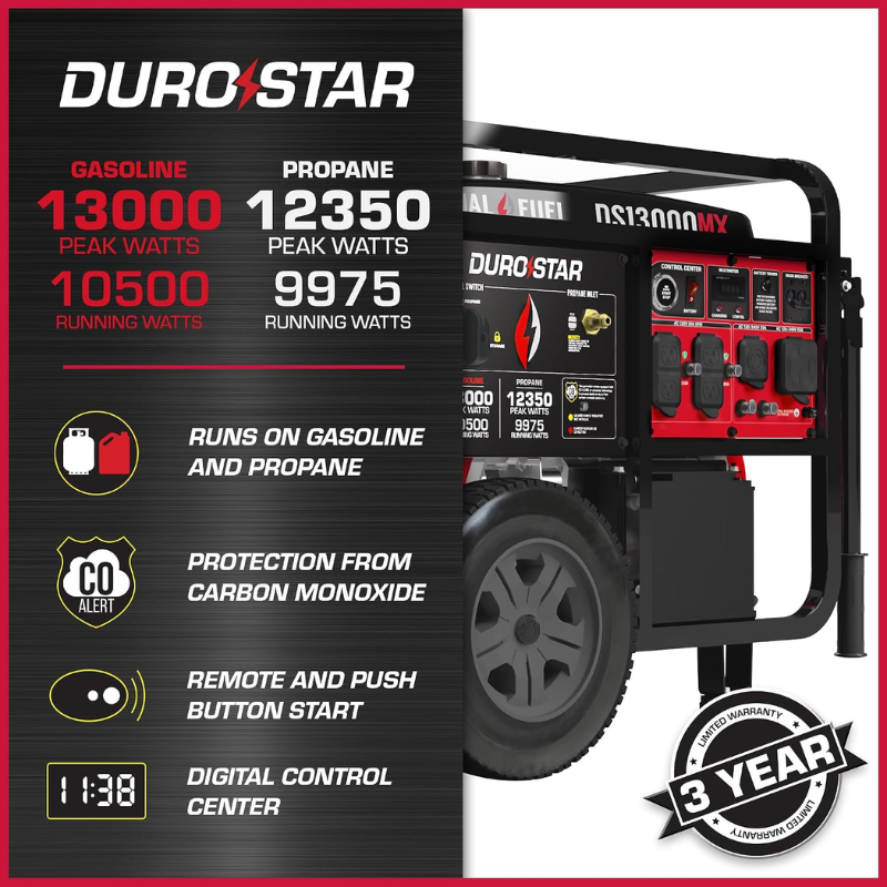 DuroStar DS13000MX Dual Fuel Portable Generator 13000W Gasoline Propane