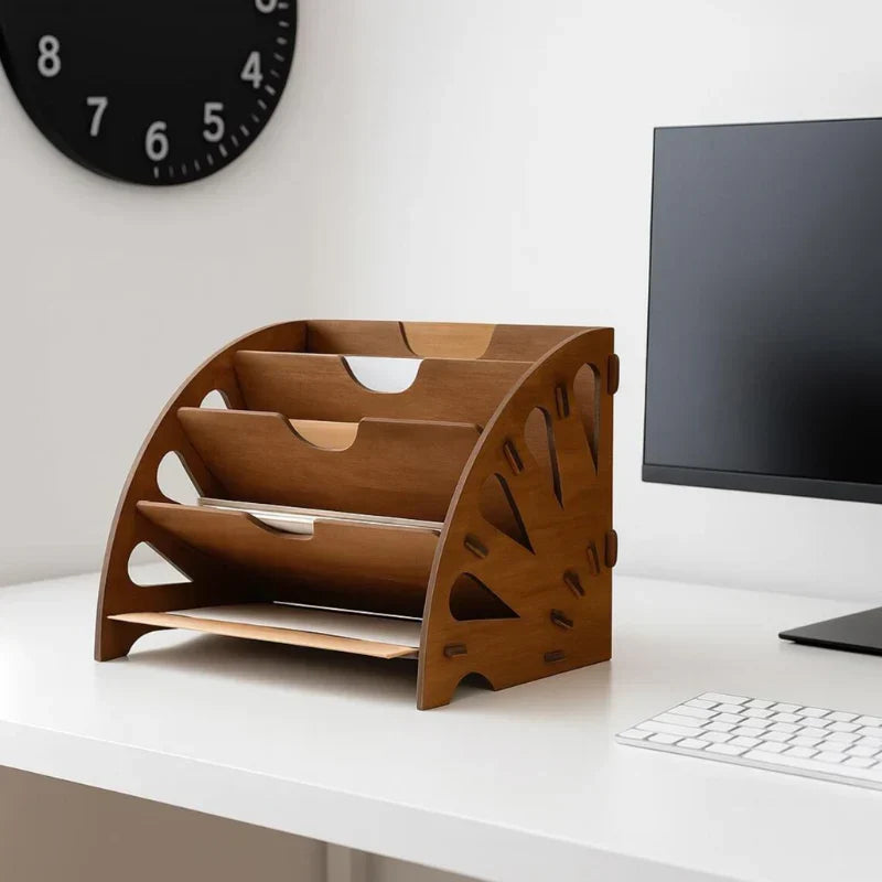 A wooden desktop organizer with three tiers and decorative cutout details, styled on a white desk next to a computer monitor and keyboard.