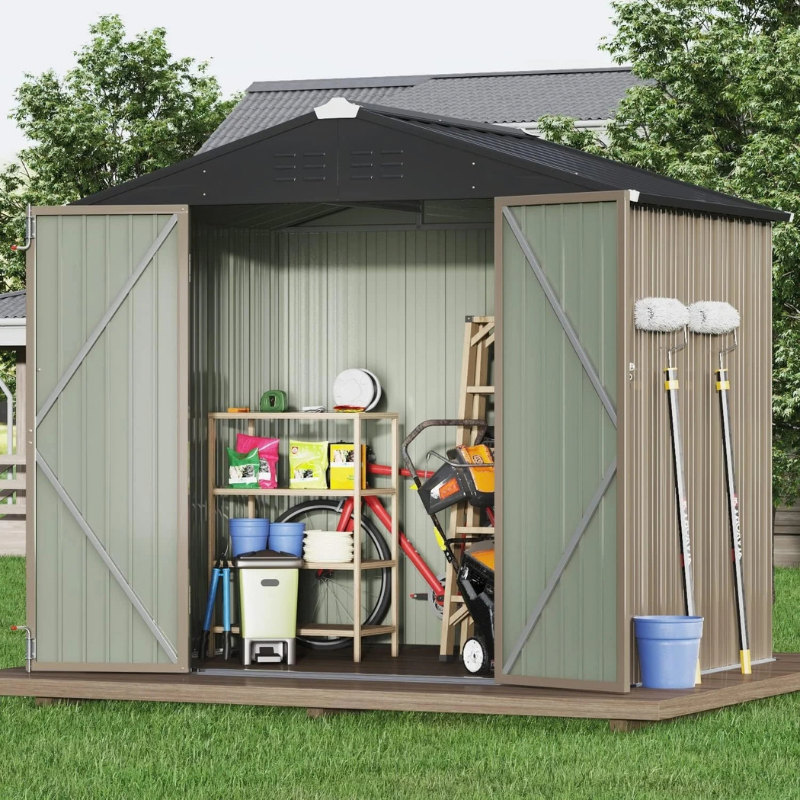 Devoko 8 x 6 ft Metal Outdoor Storage Shed, Brown