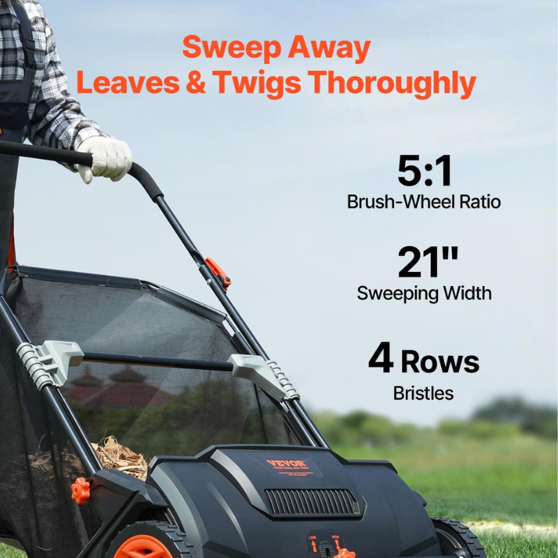 VEVOR 21 Inch Push Lawn Sweeper with 3.5 Cu Ft Hopper