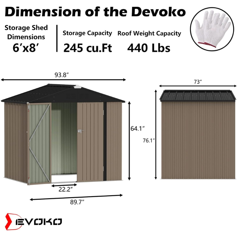 Devoko 8 x 6 ft Metal Outdoor Storage Shed, Brown