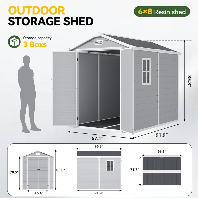 Aoxun 6 x 8 ft Resin Outdoor Storage Shed with Floor, Gray