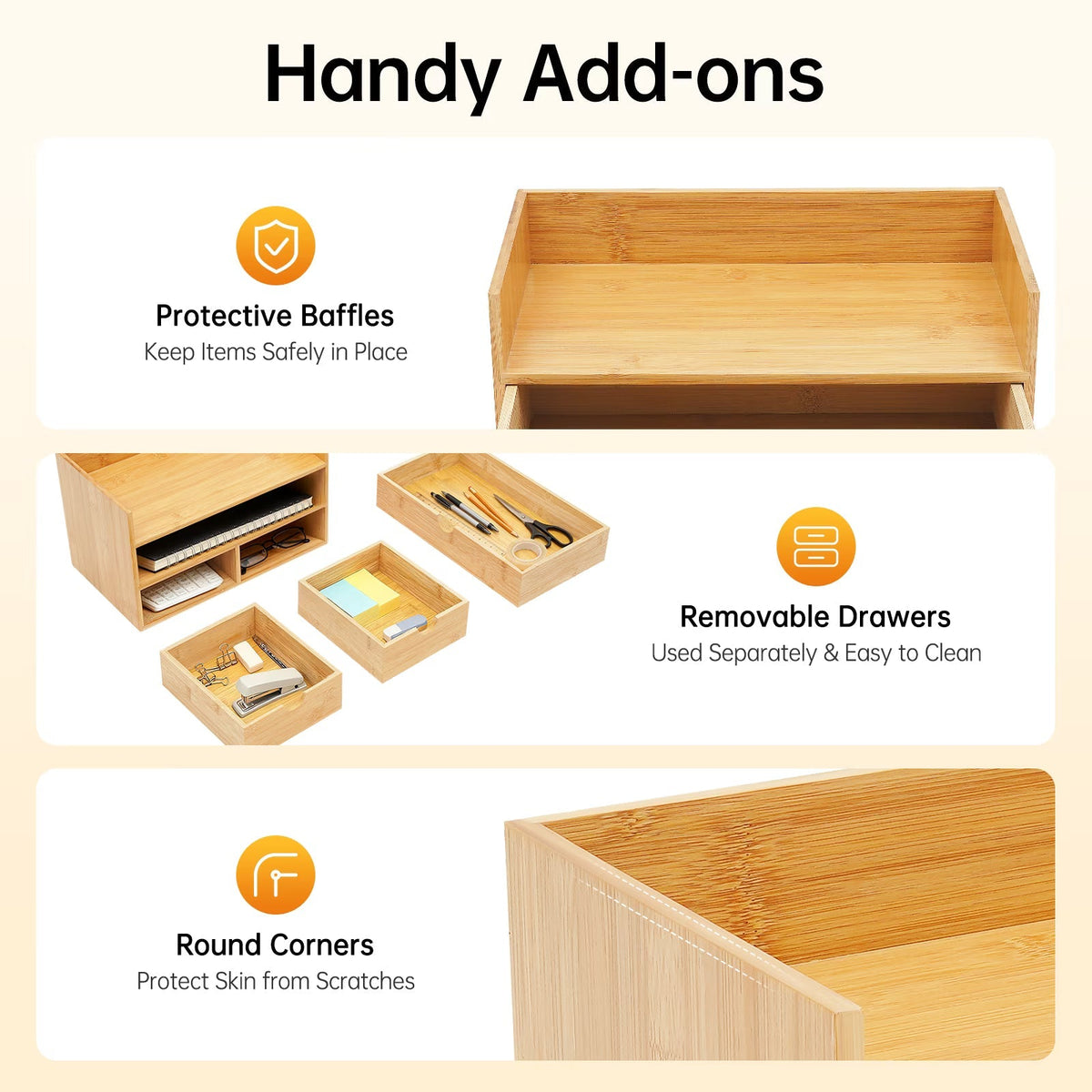 Wooden storage boxes with protective baffles, removable drawers, and round corners on a beige background.