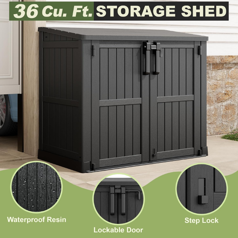 WTFGO 36 Cu Ft Resin Outdoor Storage Shed, Black