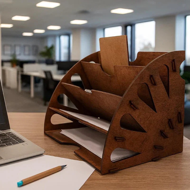 Wooden desk organizer on a desk with a blurred office background