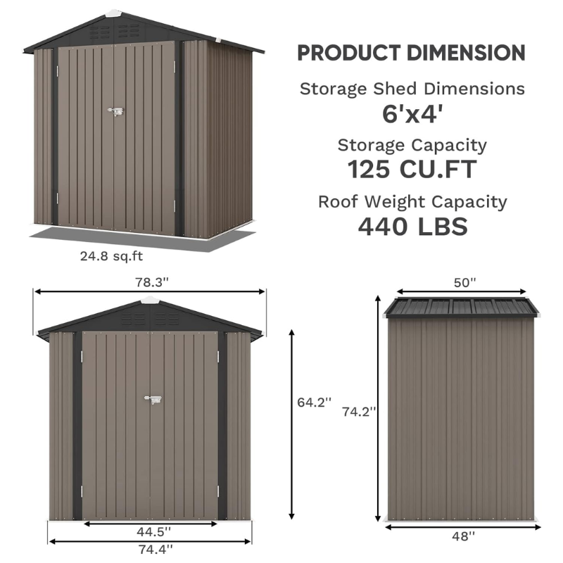 Patiowell 6 x 4 ft Metal Outdoor Storage Shed, Brown