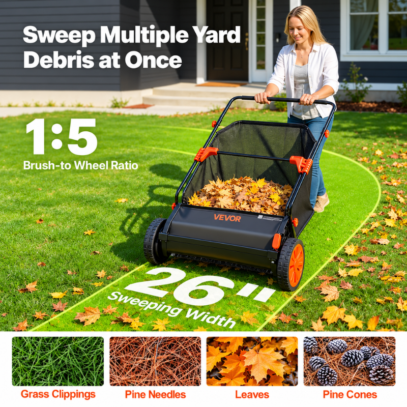 VEVOR 26 Inch Push Lawn Sweeper with 7 Cu Ft Hopper