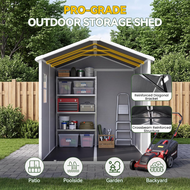 Aoxun 6 x 8 ft Resin Outdoor Storage Shed with Floor, Gray