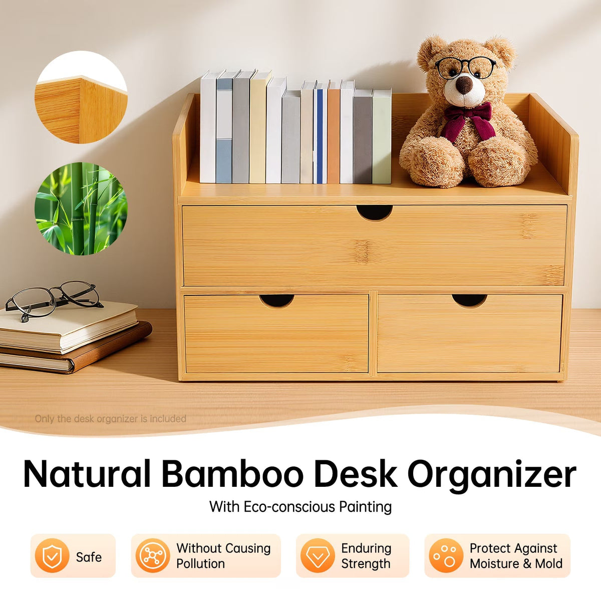 Natural bamboo desk organizer with books and a teddy bear on a wooden surface.