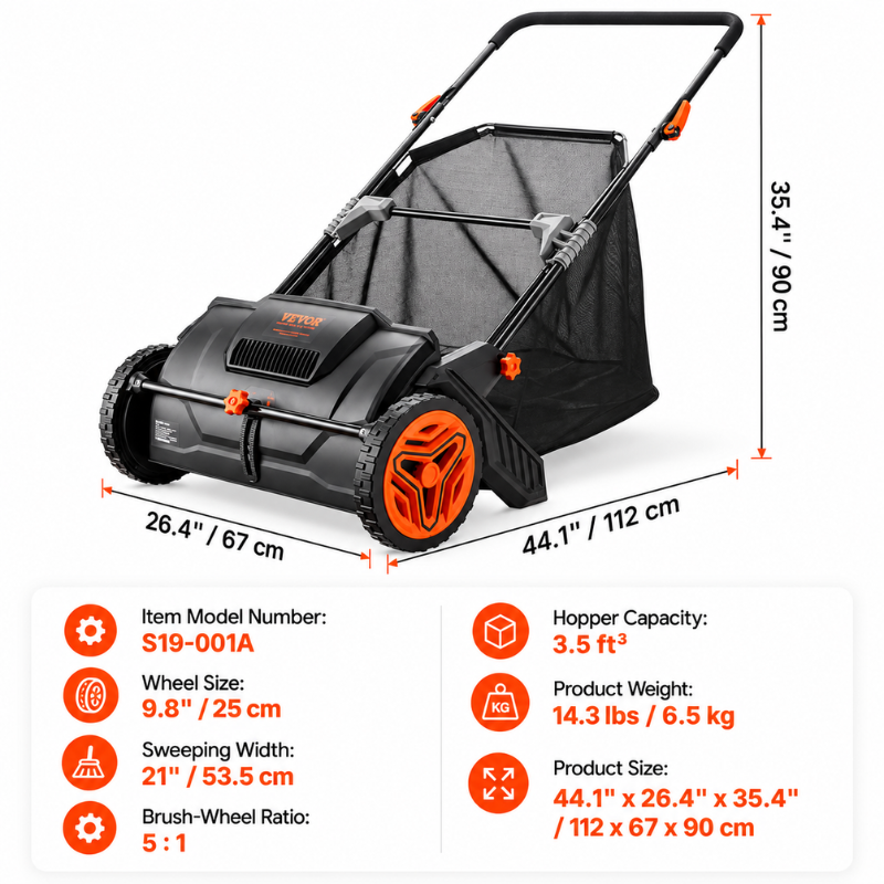 VEVOR 21 Inch Push Lawn Sweeper with 3.5 Cu Ft Hopper