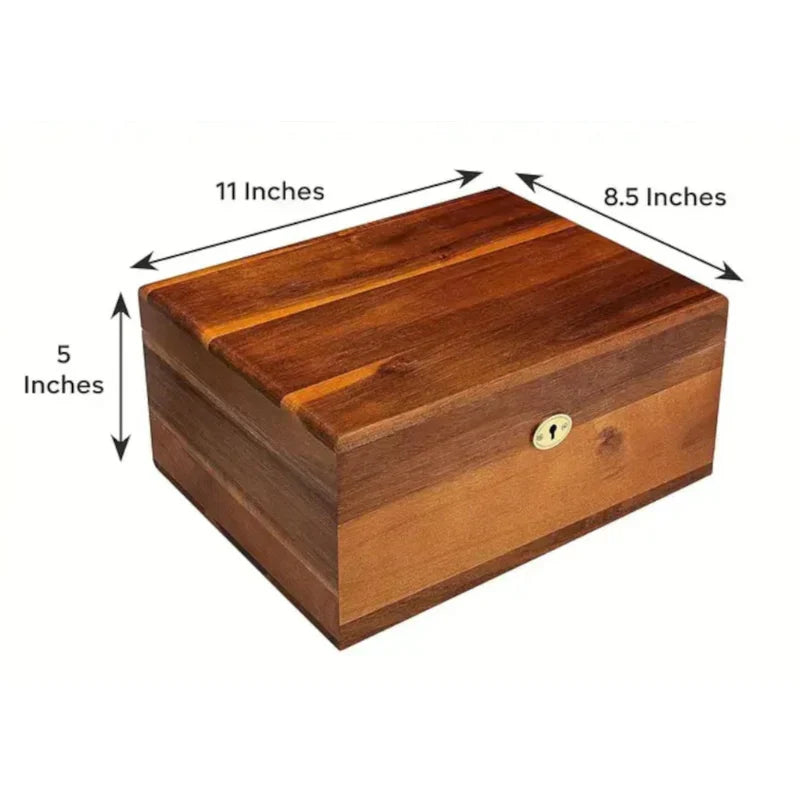 A wooden storage box with dimension arrows and labels showing 11 inches in length, 8.5 inches in width, and 5 inches in height on a white background.