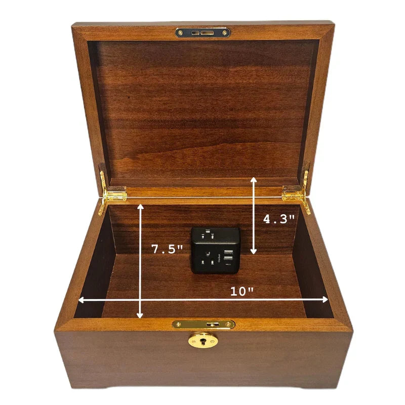 Wooden box with a black electronic device inside, showing dimensions on a white background