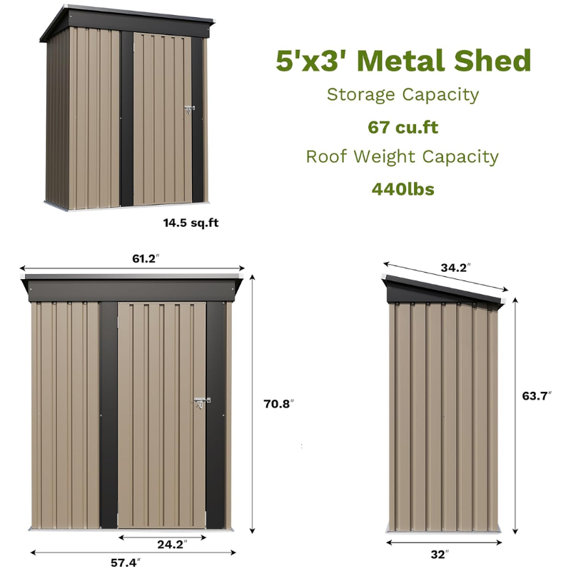 Patiowell 5 x 3 ft Metal Outdoor Storage Shed, Brown