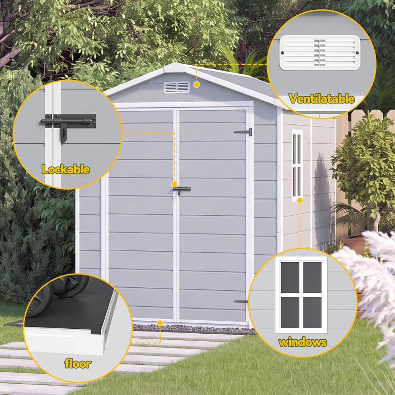 Aoxun 6 x 8 ft Resin Outdoor Storage Shed with Floor, Gray
