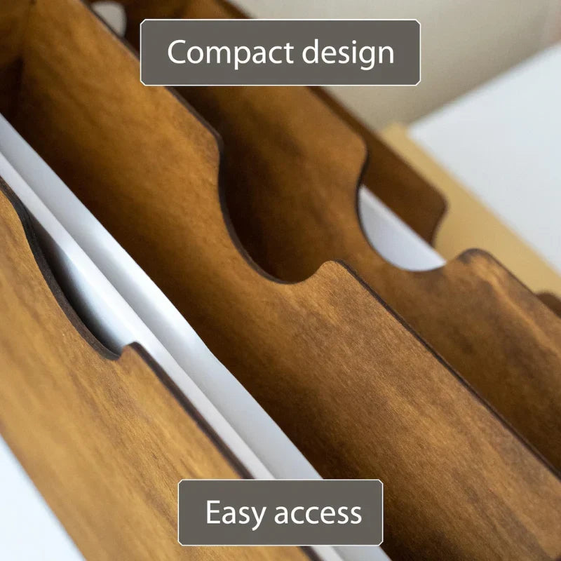Close-up of a wooden organizer or drawer interior with curved compartments and two overlaid text labels reading 'Compact design' and 'Easy access'.