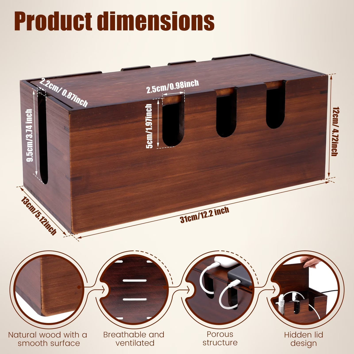 A wooden box-shaped product with dimension labels and four circular feature callouts on a beige background. The top of the image reads 'Product dimensions' and shows measurements around the object.