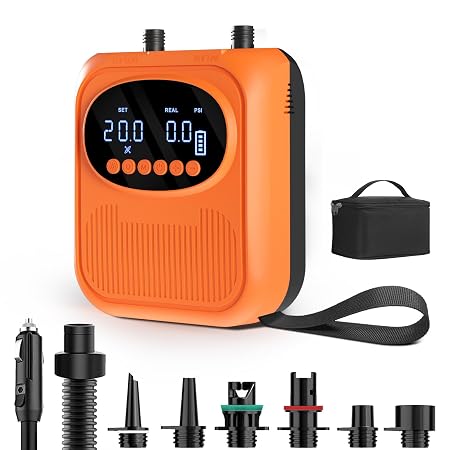 20PSI Electric Paddle Board Pump, Smart Rechargeable SUP Pump with DC 12V Car Connector, Inflation and Deflation Air Pump with Auto-Off for SUP, Kayaks, Tents, Air Mattress, Pool Floats, Inflatables