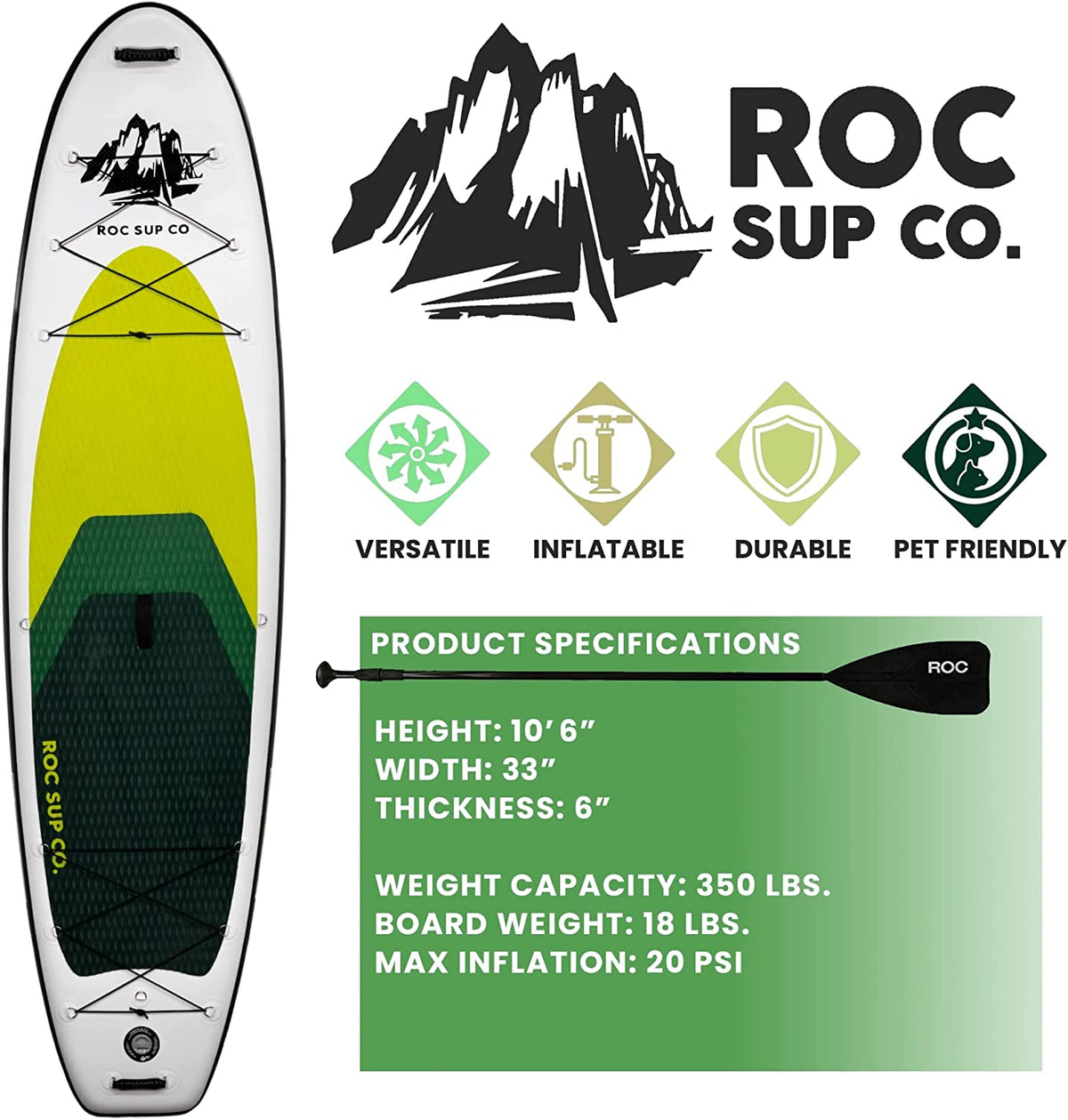 Roc Inflatable Stand Up Paddle Boards with Premium SUP Paddle Board Accessories