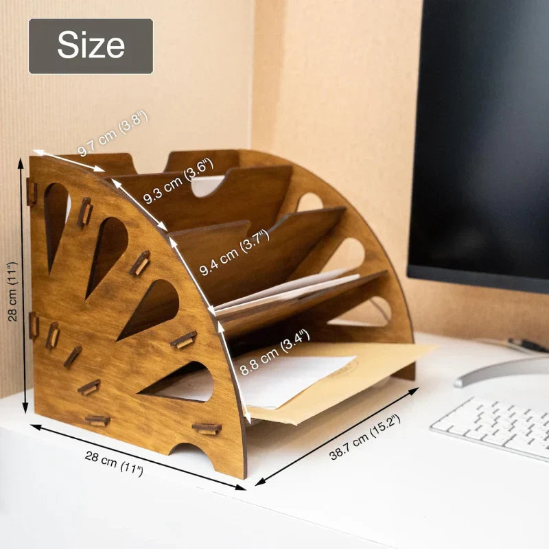 Wooden desk organizer with dimensions labeled on a desk setup.