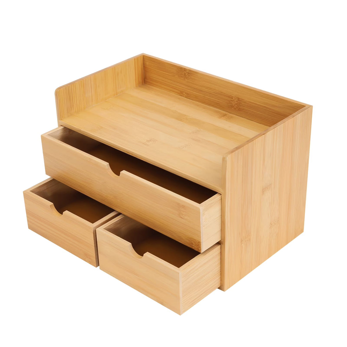 A light natural bamboo desktop organizer with three drawers and an open top shelf, shown on a plain white background.