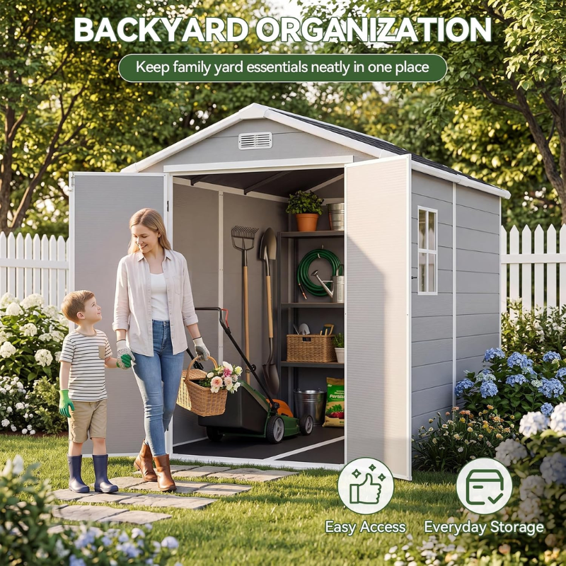 Aoxun 6 x 8 ft Resin Outdoor Storage Shed with Floor, Gray