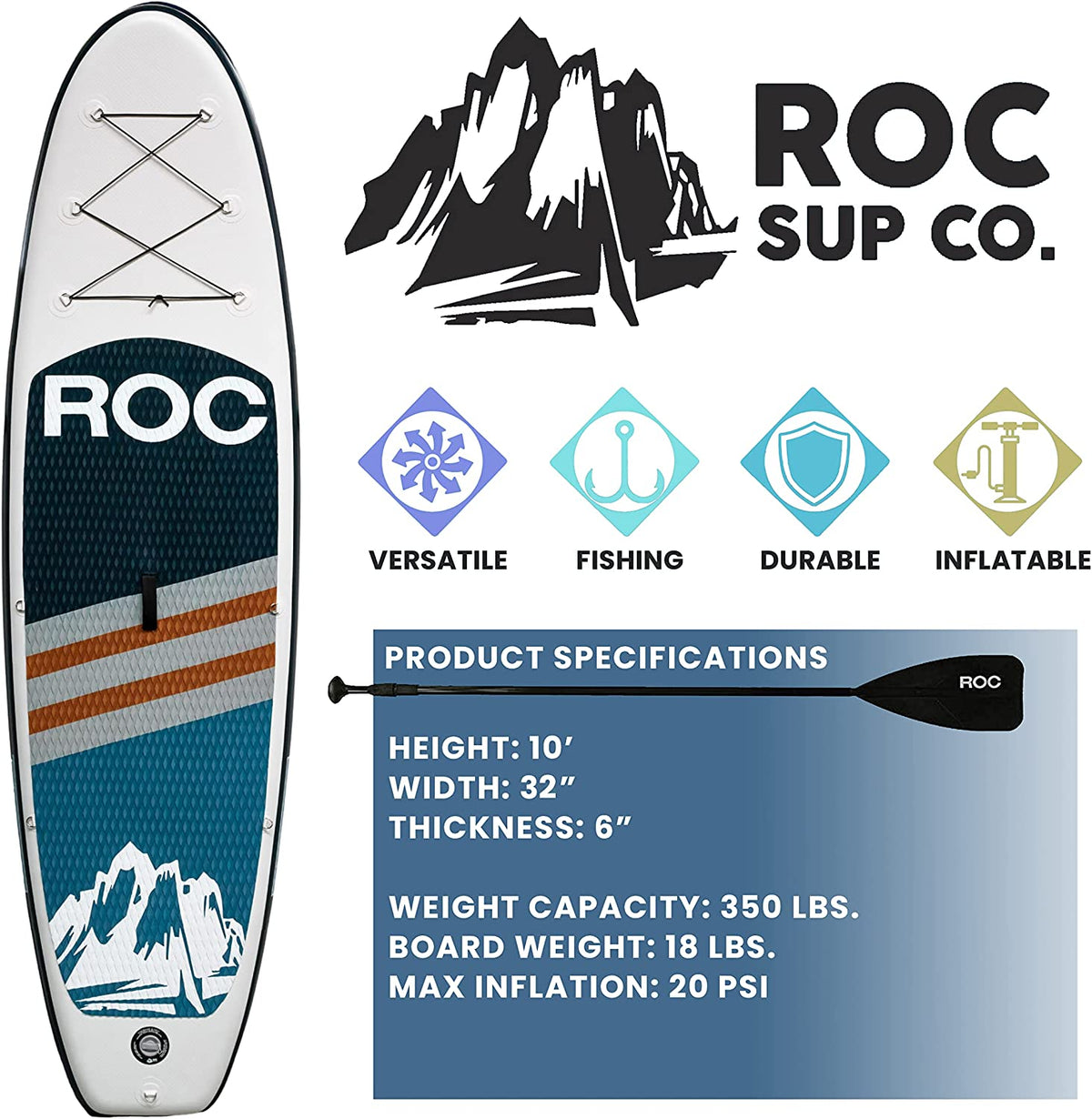 Roc Inflatable Stand Up Paddle Boards with Premium SUP Paddle Board Accessories