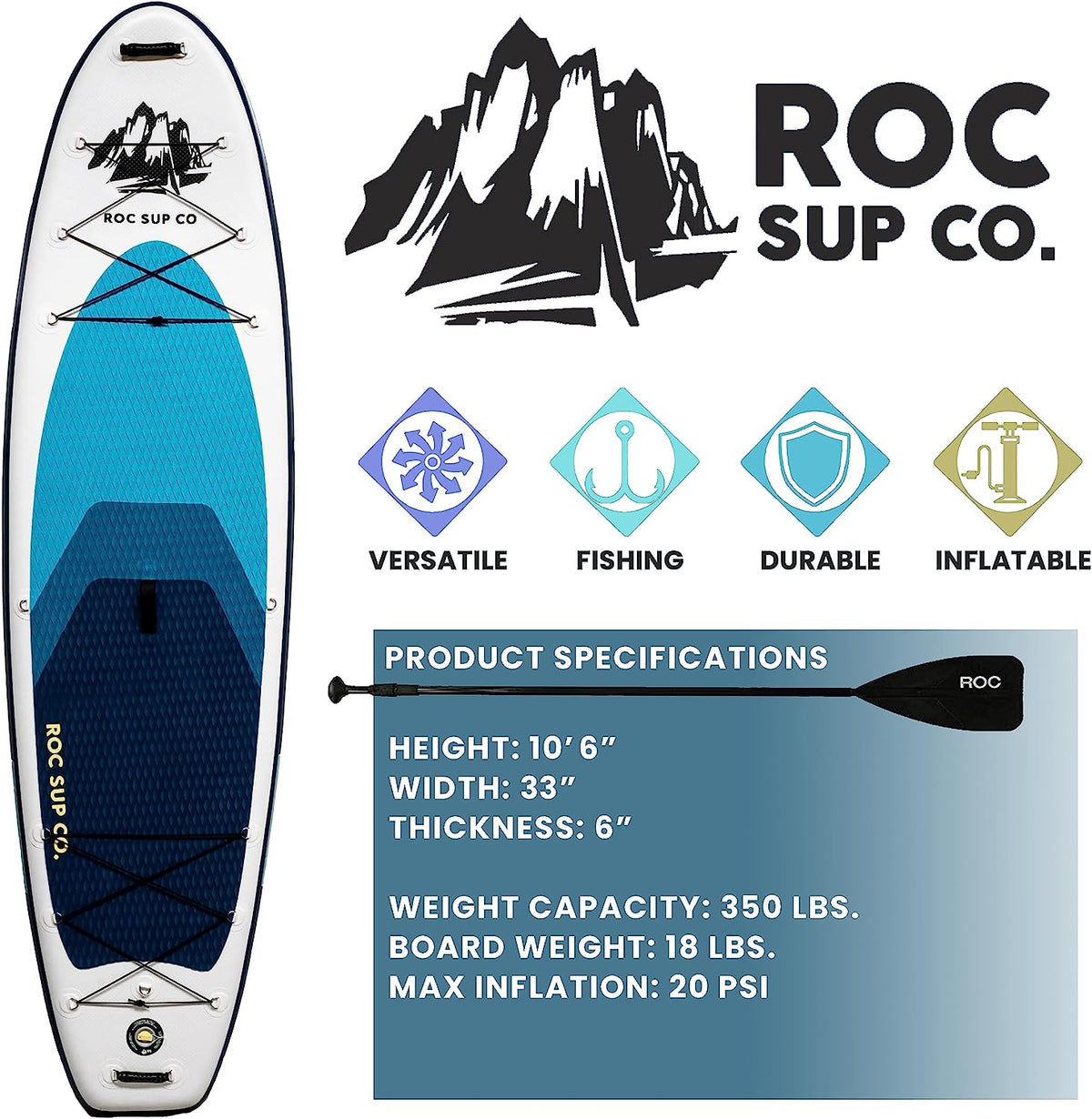 Roc Inflatable Stand Up Paddle Boards with Premium SUP Paddle Board Accessories