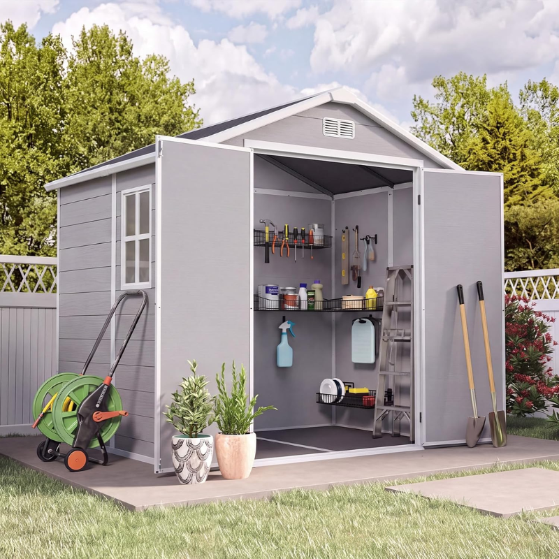 Aoxun 6 x 8 ft Resin Outdoor Storage Shed with Floor, Gray