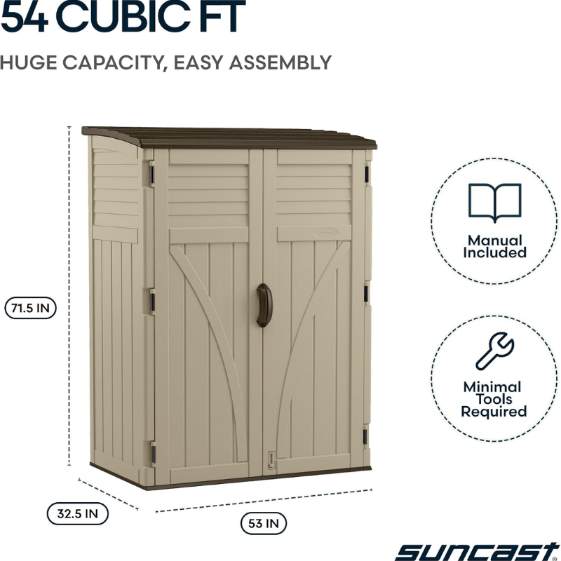 Suncast 54 Cu. Ft. Resin Vertical Outdoor Storage Shed, Taupe