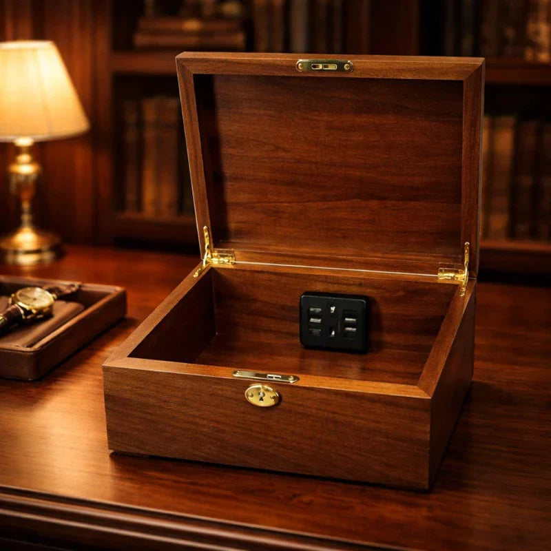 A wooden music box safe with its lid open, showing a built-in power outlet inside. The safe is placed on a wooden table in a warm, dimly lit library or study setting with a lamp and bookshelves in the background.