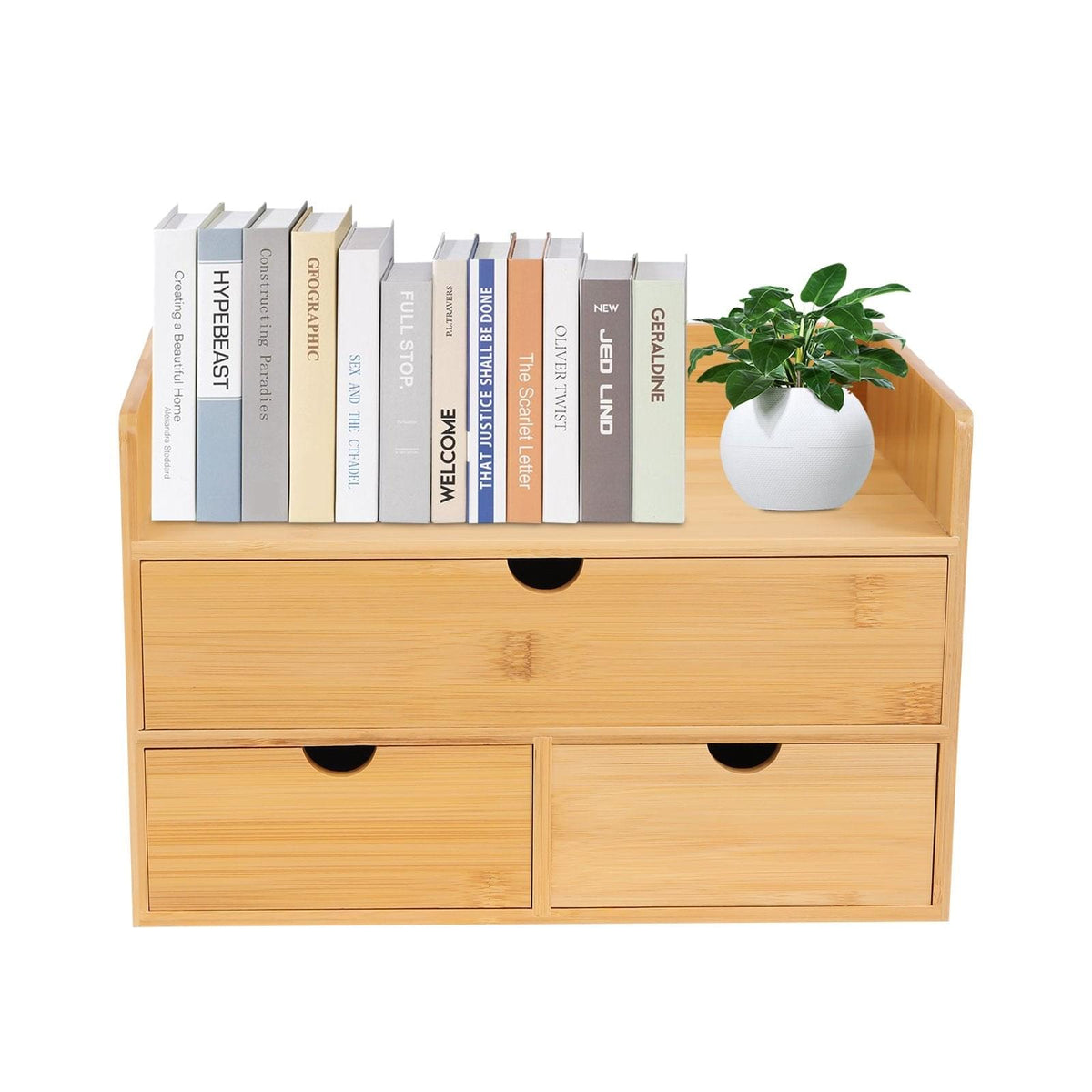 A light natural wood desktop organizer with two drawers and an open top shelf, styled with books and a small potted plant on a white background.