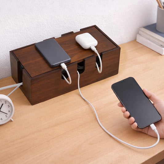 A dark brown wooden desk organizer with multiple cable management slots sits on a light wood desk. A hand is holding a black smartphone connected to one of the cable ports, while another phone and a white charging case are plugged into the top compartments.