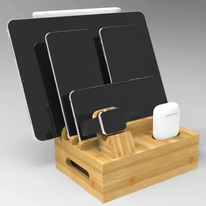 Wooden charging station with electronic devices including a tablet, phone, smartwatch, and wireless earbuds.