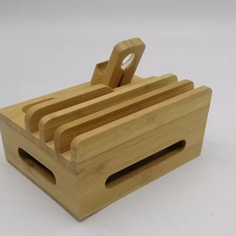 Wooden knife block with multiple slots on a white background