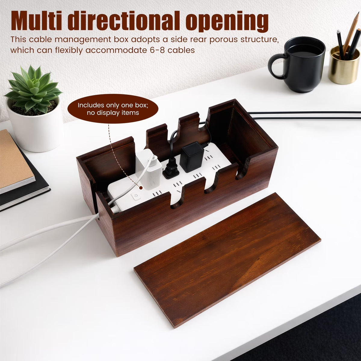 A dark brown wooden cable management box with a matching lid, shown open on a white desk with power cords and an outlet inside. The image includes descriptive text highlighting its multi-directional opening and capacity to accommodate 6-8 cables, alongside lifestyle desk props like a plant, mug, and notebook.