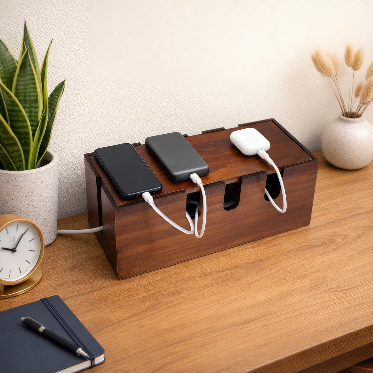 A dark brown wooden desktop organizer with multiple charging ports, shown on a wooden desk with three devices plugged in. The organizer is styled in a home office setting with a snake plant, a clock, a notebook, and dried flowers in the background.
