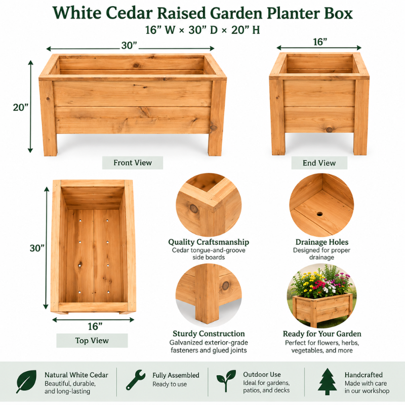 White Cedar Raised Garden Planter Box – 16" x 30" x 20"