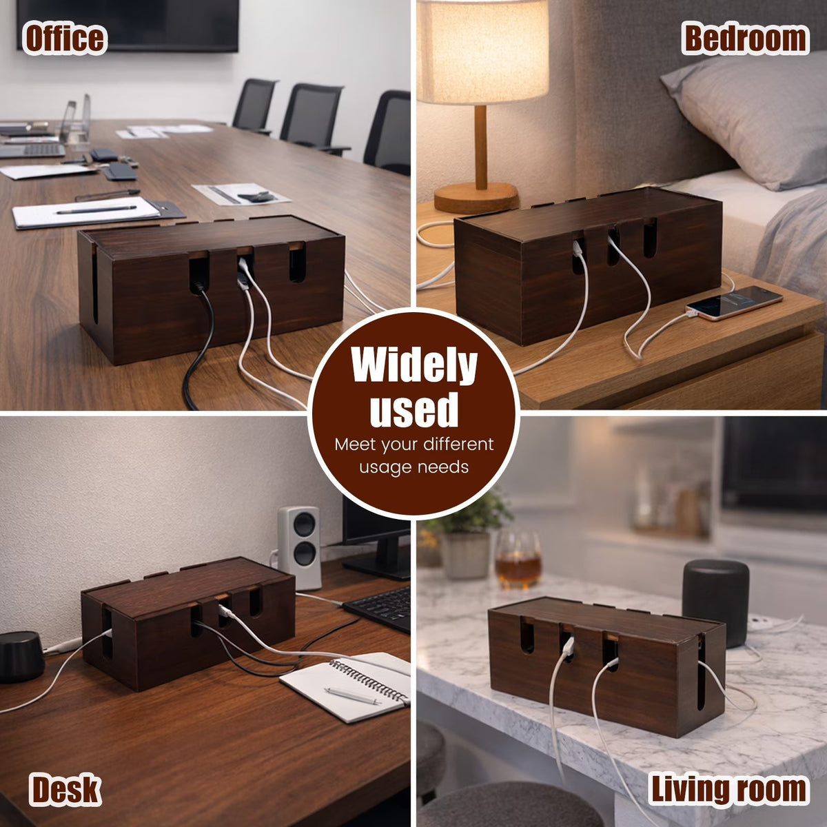 A 4-panel collage showing a dark brown wooden cable management box with built-in outlets used in an office, bedroom, desk, and living room setting. A central brown circle reads 'Widely used' with the subtitle 'Meet your different usage needs'.